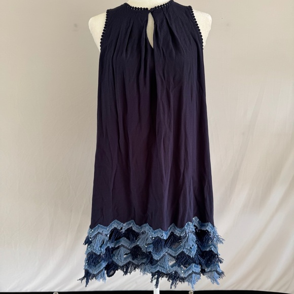 Maeve Navy Sleeveless Dress Size 14 Boho Fringe Hem Keyhole Neck - Picture 3 of 10